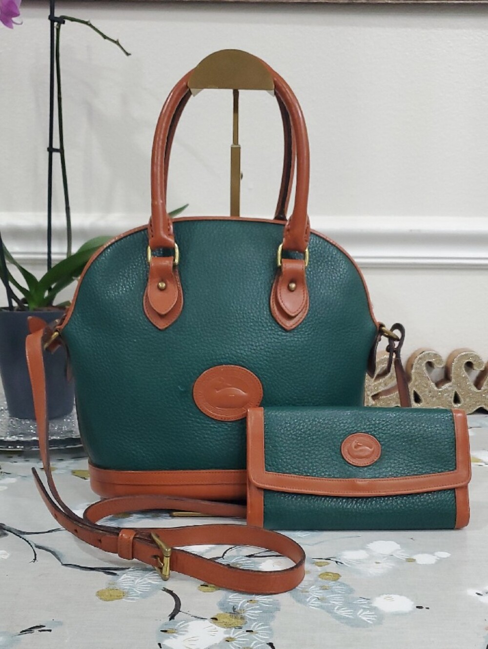 VINTAGE Dooney & Bourke Green and Tan Leather Satchel Bag with Matching Wallet